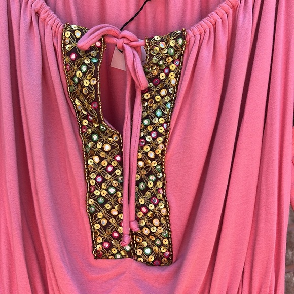 New!! Fall BoHo Sky Embellished Elastic Waist Peasant Top Salmon Pink Size M - Picture 5 of 10
